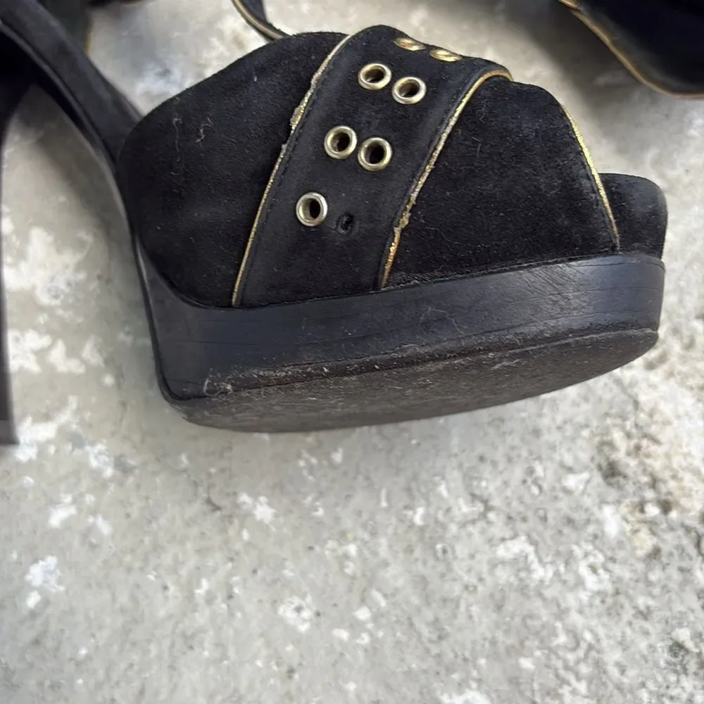 Fendi T strap suede platforms with gold grommets